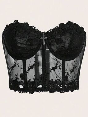 Sexy Black Floral Lace Corset Top | Strapless Sheer Mesh Bustier Crop Top